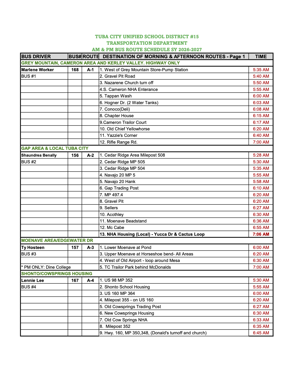 TCUSD 2026-27 AM-PM Bus Schedule 1 of 3